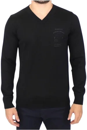 ERMANNO SCERVINO Swetry, Mężczyzna, Czarny, M, Wełna, Elegancki czarny sweter z dekoltem w serek z mieszanki wełny