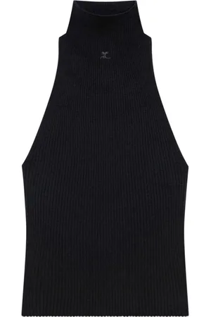 Courrèges Swetry, Kobieta, Czarny, M, Bawełna, Czarny Top Bez Rękawów z Aplikacją Logo
