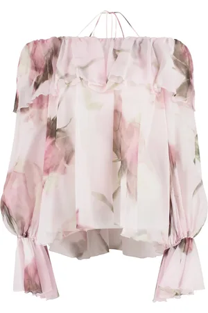 BLUMARINE Bluzki, Kobieta, Wielobarwność, M, Kwiatowa jedwabna bluzka z odkrytymi ramionami