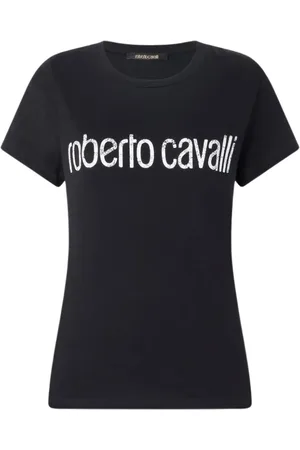 Roberto Cavalli Koszulki, Kobieta, Czarny, S, Koszulka z Wytartym Logo z Bawełny
