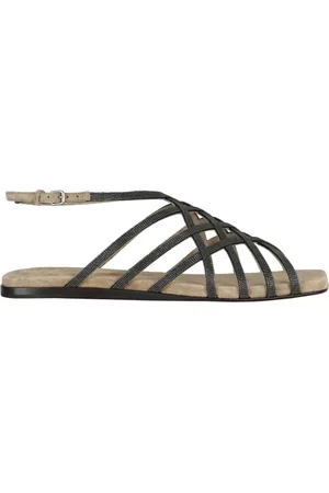 Brunello Cucinelli Buty, Kobieta, Czarny, 40 EU, Skóra, Sandały płaskie z siateczką