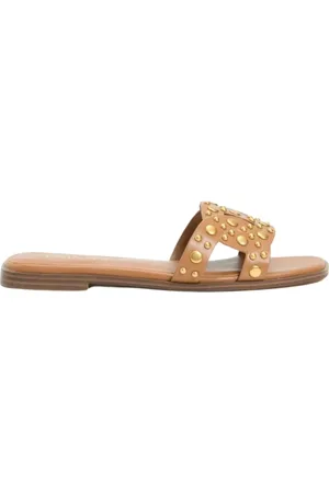 Twin-Set Buty, Kobieta, brązowy, 37 EU, Brązowe Skórzane Sandały z Nitami