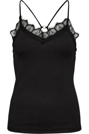 Co`Couture Koszulki, Kobieta, Czarny, S, Koronkowy Top na Ramiączkach z Prążkowanej Dzianiny