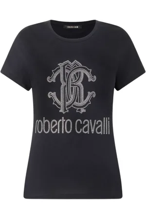 Roberto Cavalli Koszulki, Kobieta, Czarny, L, T-shirt z Nitami i Monogramem