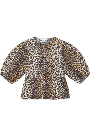 Ganni Bluzki, Kobieta, brązowy, M, Bawełna, Bawełniana Bluzka w Leopardzi Wzór