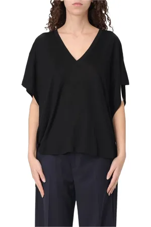 Dondup Koszulki, Kobieta, Czarny, XS, Oversize T-shirt z jedwabiu i dekoltem w serek