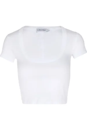 Calvin Klein Koszulki, Kobieta, Biały, S, Bawełna, Bawełniana Bluzka Prążkowana z Krótkim Rękawem