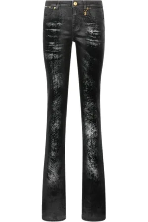 Roberto Cavalli Jeansy, Kobieta, Czarny, L, Bawełna, Python Skin Distressed Jeansy