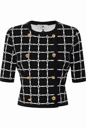Elisabetta Franchi Swetry, Kobieta, Czarny, XL, Kardigan żakardowy z motywem logo