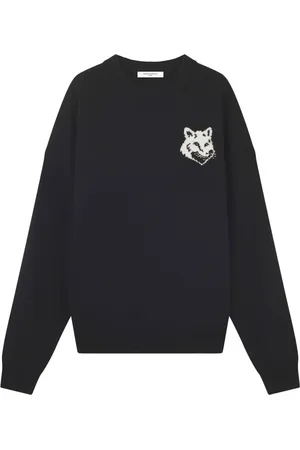 Maison Kitsuné Bluzy, Mężczyzna, Czarny, XL, Wełna, Wełniany sweter z haftem