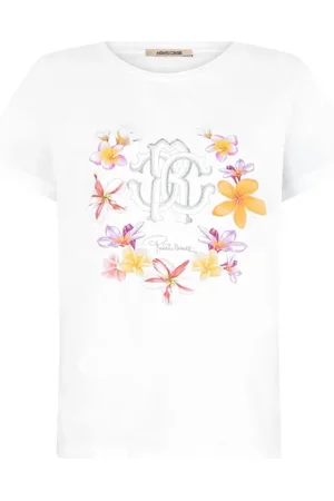 Roberto Cavalli Koszulki, Kobieta, Biały, M, Bawełna, T-shirt z okrągłym dekoltem i kwiatowym monogramem