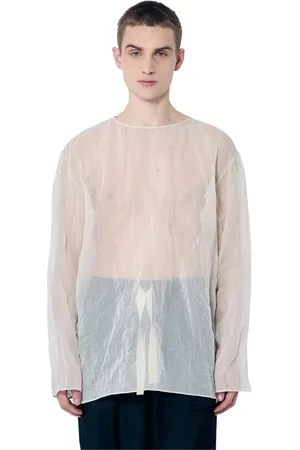 DRIES VAN NOTEN Koszulki, Mężczyzna, Beżowy, L, Bawełna, Lekka koszulka z okrągłym dekoltem o pogniecionej fakturze