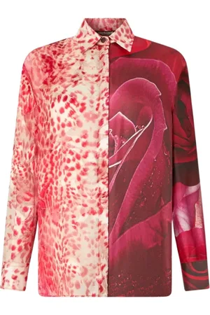 Roberto Cavalli Bluzki, Kobieta, Czerwony, S, Koszula z nadrukiem jaguara i róży