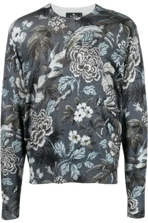 Etro Bluzy, Mężczyzna, Niebieski, L, Kaszmir, Bluza z kaszmiru i jedwabiu w kwiatowy wzór