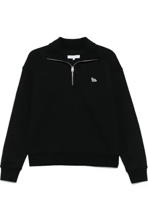 Maison Kitsuné Bluzy, Kobieta, Czarny, S, Bawełna, Czarny sweter z wysokim dekoltem i krótkim zamkiem