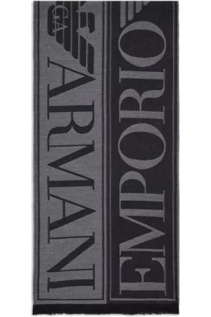 Emporio Armani Akcesoria, Mężczyzna, Czarny, ONE SIZE, Wełna, Czarny wełniany szal żakardowy z dużym napisem