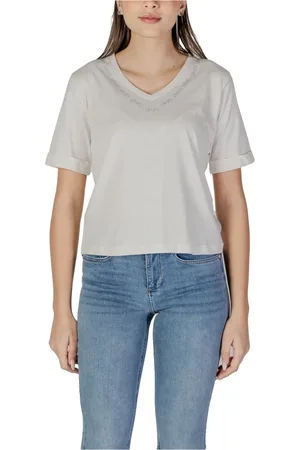 Liu Jo Koszulki, Kobieta, Biały, S, Bawełna, Bawełniany T-shirt z krótkim rękawem i dekoltem w serek