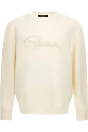 Roberto Cavalli Swetry, Mężczyzna, Beżowy, M, Ivory Logo Sweatshirt Made in Italy