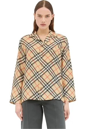Burberry Bluzki, Kobieta, Beżowy, 3XS, Jedwabna koszula piżamowa w kratę
