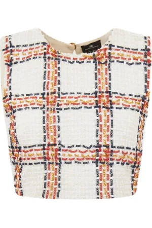 Elisabetta Franchi Koszulki, Kobieta, Wielobarwność, S, Tweed, Elegancki Top w Kratę Tweedową