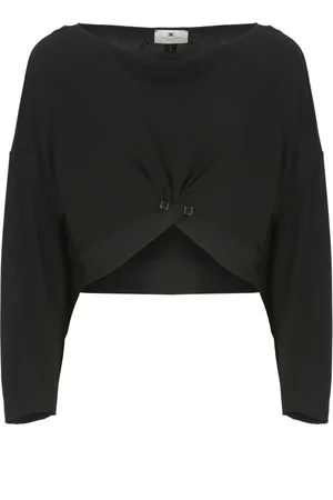Elisabetta Franchi Koszulki, Kobieta, Czarny, XS, Wiskozowy sweter z asymetrycznym dołem