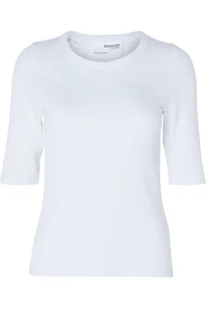 SELECTED Koszulki, Kobieta, Biały, L, Top z żebrowanym materiałem i 3/4 rękawami