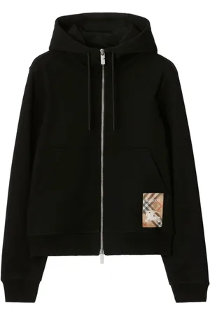 Burberry Bluzy, Kobieta, Czarny, L, Bawełna, Rozpinana bluza z kapturem i sznurkiem ze wzorem Check Label