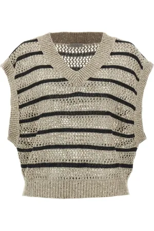 Brunello Cucinelli Swetry, Kobieta, Szary, M, Nylon, Dzianina z dekoltem w serek z krótkim rękawem