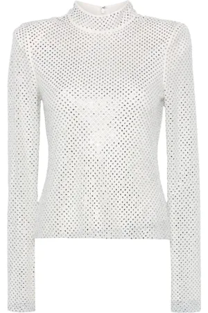 Self-Portrait Koszulki, Kobieta, Szary, L, Poliester, Rhinestone Fishnet Shirt Silver