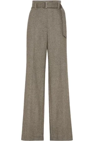 Brunello Cucinelli Spodnie, Kobieta, brązowy, M, Luźne spodnie Corset Techno Wool w jodełkę