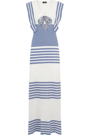 Elisabetta Franchi Sukienki, Kobieta, Niebieski, S, Niebieska sukienka maxi w paski z cekinową kokardą