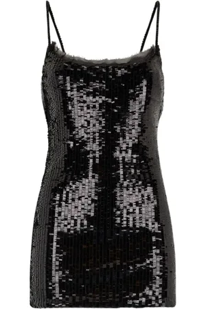 Roberto Cavalli Sukienki, Kobieta, Czarny, L, Poliester, Błyszcząca Sukienka Mini Bez Pleców z Przezroczystymi Falbanami