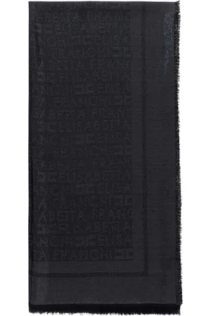 Elisabetta Franchi Akcesoria, Kobieta, Czarny, ONE SIZE, Poliester, Czarny szal z wzorem logo i postrzępionymi brzegami