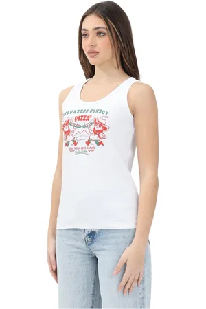 Dsquared2 Koszulki, Kobieta, Biały, S, Bawełna, Biały prążkowany bawełniany top na ramiączkach Cowboy Pizza