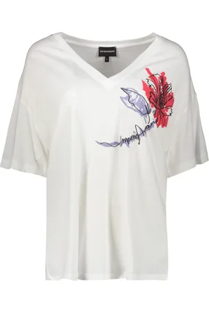 Emporio Armani Koszulki, Kobieta, Biały, S, Bawełna, T-shirt z kwiatowym nadrukiem i logo na plecach