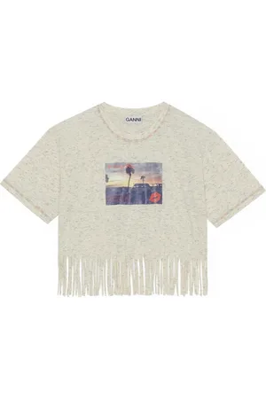 Ganni Koszulki, Kobieta, Biały, S, Bawełna, Bawełniany T-shirt z Frędzlami