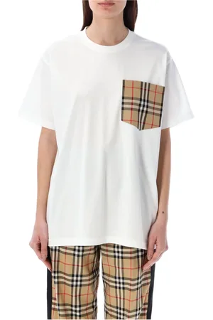 Burberry Koszulki, Kobieta, Biały, M, Bawełna, Bawełniany T-shirt z Kieszonką w Kratę