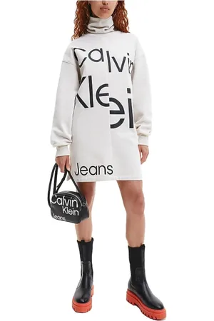 Calvin Klein Sukienki, Kobieta, Biały, L, Bawełna, Sukienka Krótka Disturbed Logo Roll