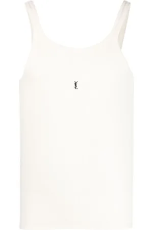 Saint Laurent Koszulki, Mężczyzna, Biały, M, Top z haftowanym logo i dekoltem U