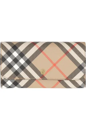 Burberry Akcesoria, Kobieta, Beżowy, ONE SIZE, Bawełna, Portfel skórzany w kratę z zatrzaskiem