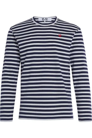 Comme des Garçons Koszulki, Mężczyzna, Niebieski, L, Bawełna, Koszulka z długim rękawem w paski z naszywką w kształcie serca