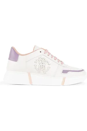 Roberto Cavalli Buty, Kobieta, Biały, 36 EU, Skóra, Monogramowe Sneakersy z Kontrastowym Panelem na Pięcie