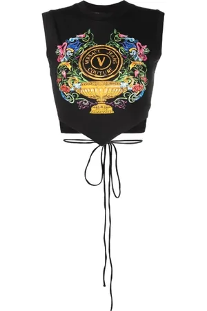 VERSACE Koszulki, Kobieta, Czarny, L, Crop Top z Graficznym Nadrukiem - S