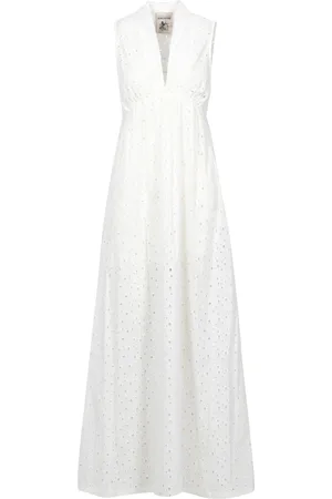 SEMICOUTURE Sukienki, Kobieta, Biały, M, Bawełna, Biała Sukienka Maxi z Bawełny z Szydełkowymi Rękawami