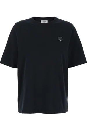 Maison Kitsuné Koszulki, Kobieta, Czarny, M, Bawełna, Czarny T-shirt z naszywką z lisem Fox Head