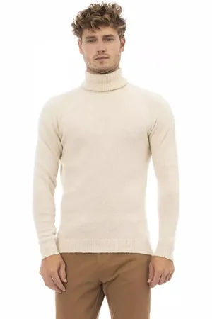 ALPHA STUDIO Swetry, Mężczyzna, Beżowy, 2XL, Beżowy Sweter z Alpaki i Skóry z Wysokim Kołnierzem