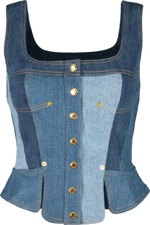 Marine Serre Koszulki, Kobieta, Niebieski, S, Denim, Denimowy top gorsetowy z wycięciami