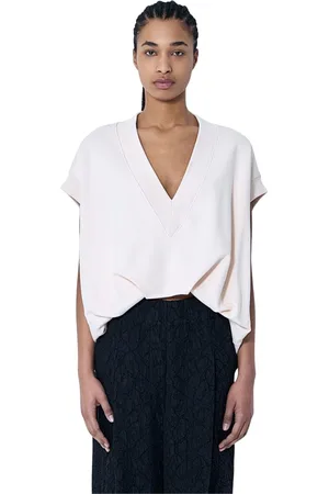 DRIES VAN NOTEN Koszulki, Kobieta, Beżowy, M, Bawełniany sweter bez rękawów z dekoltem w serek