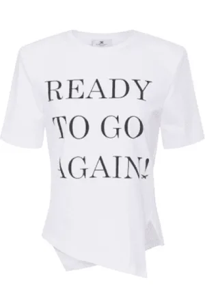 Elisabetta Franchi Koszulki, Kobieta, Biały, L, Bawełna, Asymetryczna koszulka T-shirt z dżerseju z napisami
