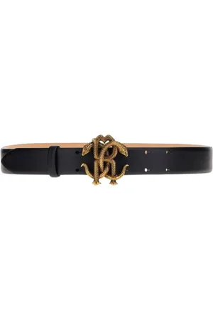 Roberto Cavalli Akcesoria, Kobieta, Czarny, 90 CM, Pasek ze skóry z Monogramem Mirror Snake